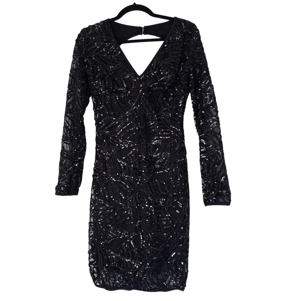 Wow Couture Sequin Dress Women M Black Open Back Long Sleeve Mini Glam Party NYE